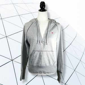 American Eagle Ladies Hoodie Size L Grey V-Neck Embroidered Spell-out